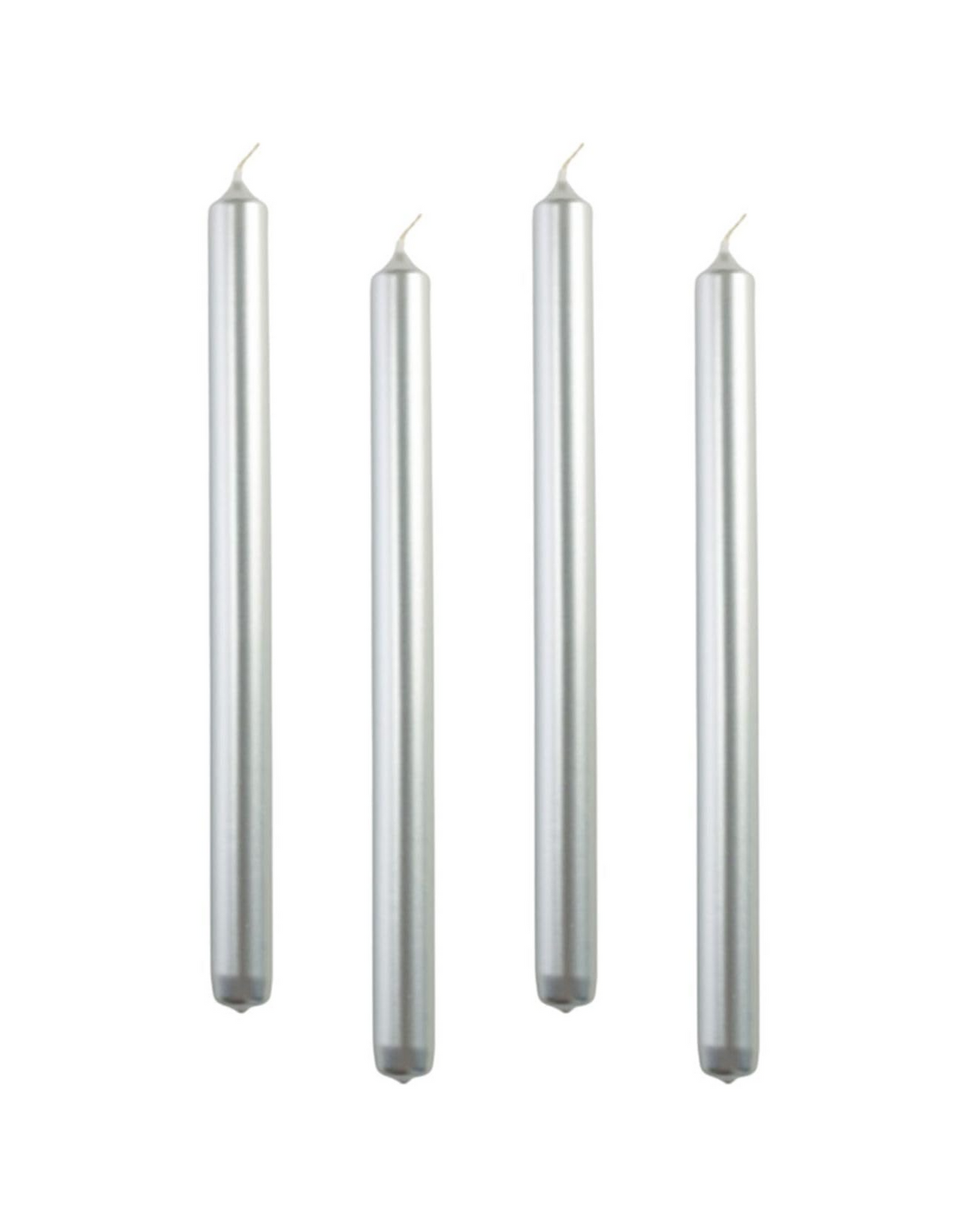 4x Metallic Silver Tapered Dinner Candles 25cm - Unscented (Tall Wedding Table Candles)