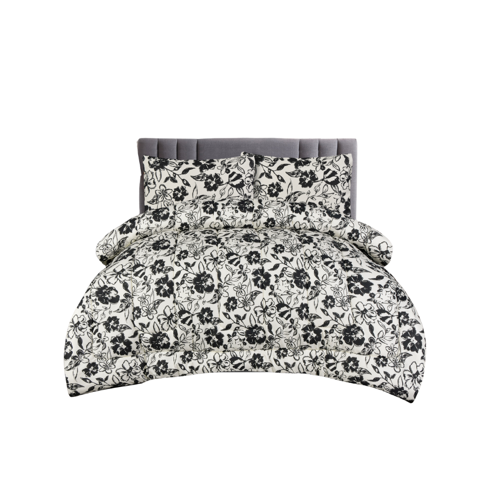 King Comforter Full Set w/ Fitted Sheet, 4 Pillow Covers & Comfofter - Flowers Black/White (6 Piece Set)