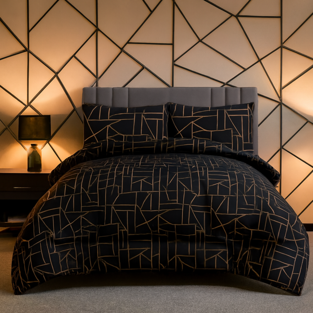 King Comforter Full Set w/ Fitted Sheet, 4 Pillow Covers & Comfofter - Geometric Black (6 Piece Set)