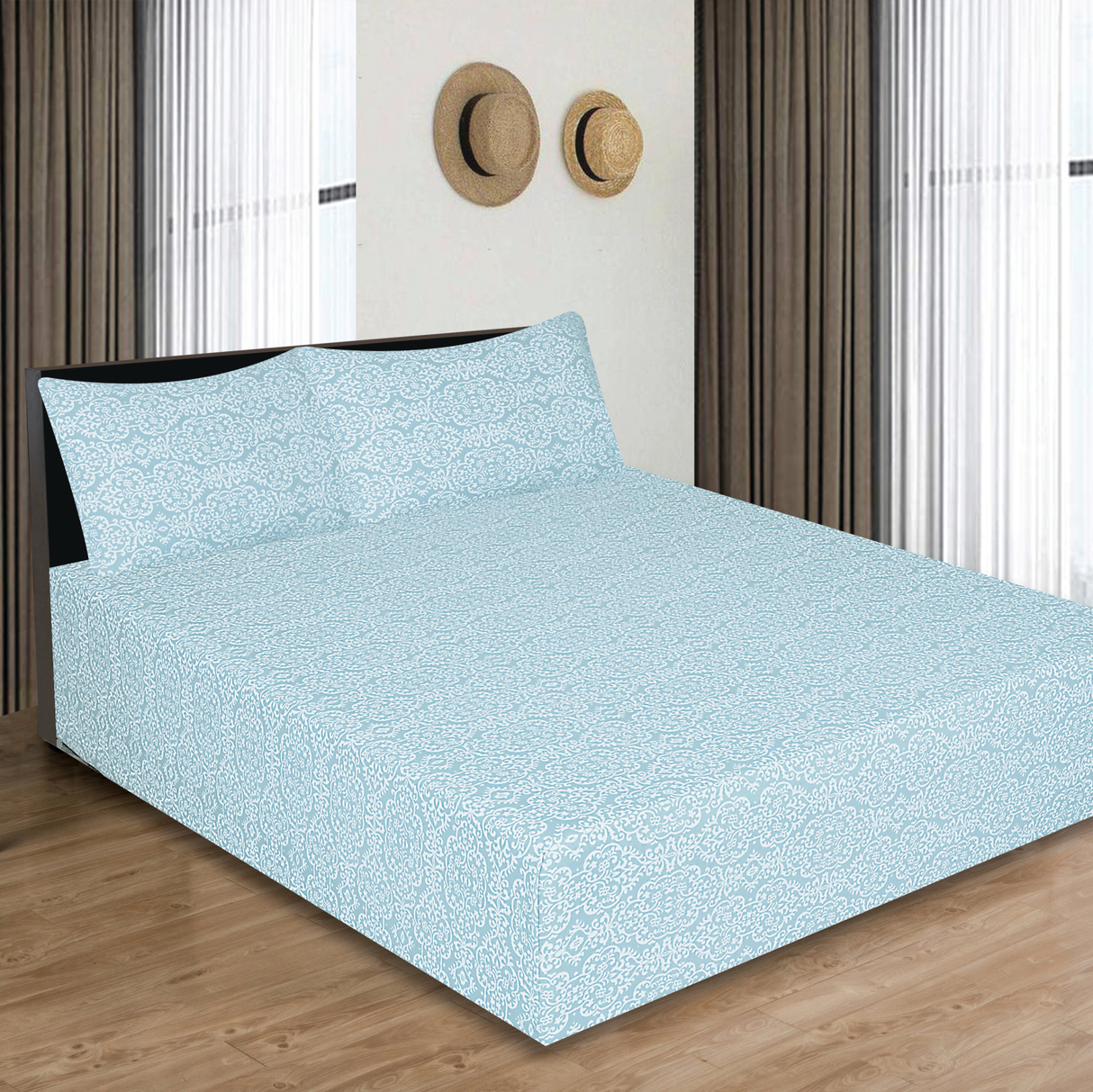Queen Luxury 100% Cotton Flannelette Fitted Bed Sheet & 2 Pillow Case Combo Set - Light Blue
