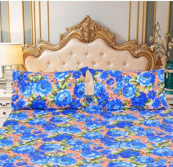 King Luxury 100% Cotton Flannelette Fitted Bed Sheet & 2 Pillow Case Combo Set - Blue Floral