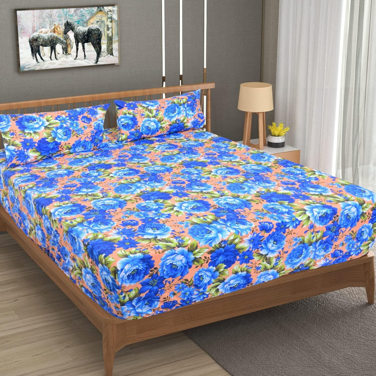 King Luxury 100% Cotton Flannelette Fitted Bed Sheet & 2 Pillow Case Combo Set - Blue Floral