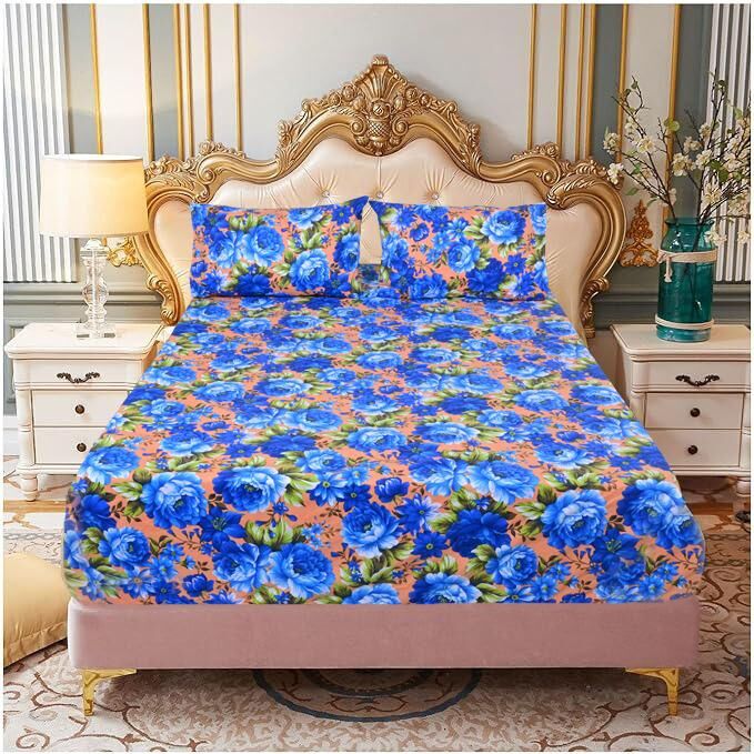 King Luxury 100% Cotton Flannelette Fitted Bed Sheet & 2 Pillow Case Combo Set - Blue Floral