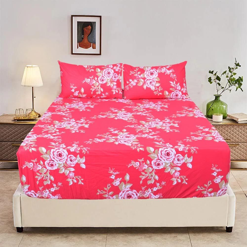 King Luxury 100% Cotton Flannelette Fitted Bed Sheet & 2 Pillow Case Combo Set - Red Floral