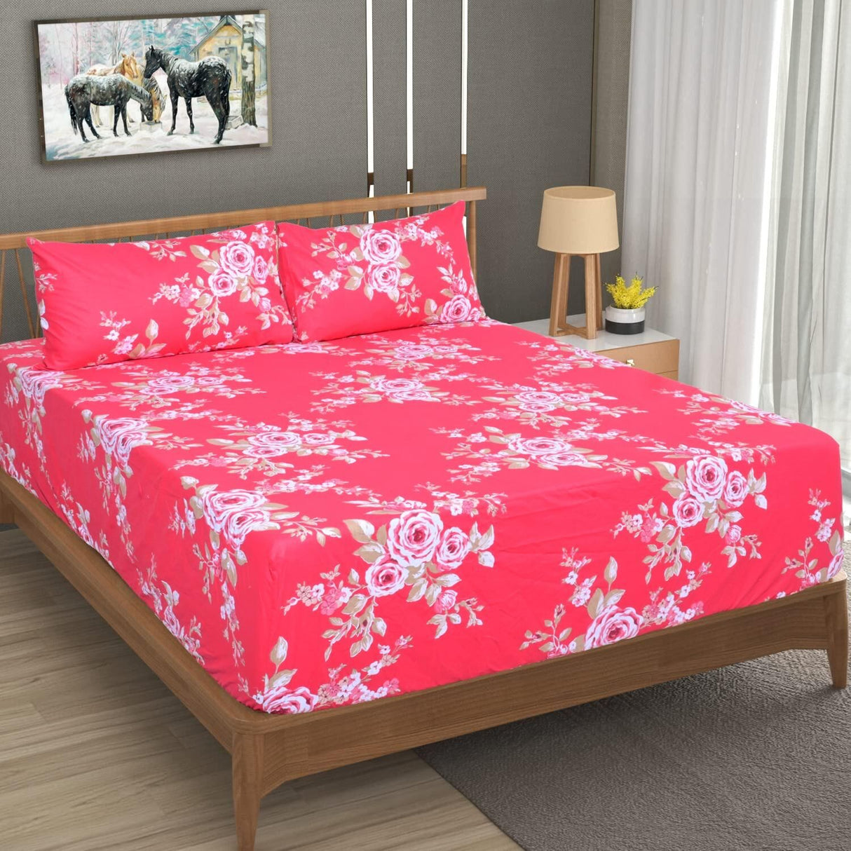 King Luxury 100% Cotton Flannelette Fitted Bed Sheet & 2 Pillow Case Combo Set - Red Floral