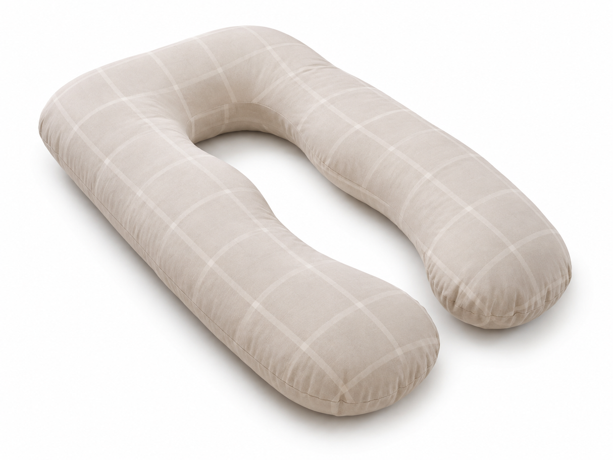 Maternity Pregnancy Body Support Pillow U-Shape Nursing Cushion (80x140cm) in Beige Check