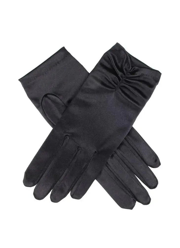 Dents Womens Satin Ruched Wrist Length Evening Gloves Formal Ball Prom - Black