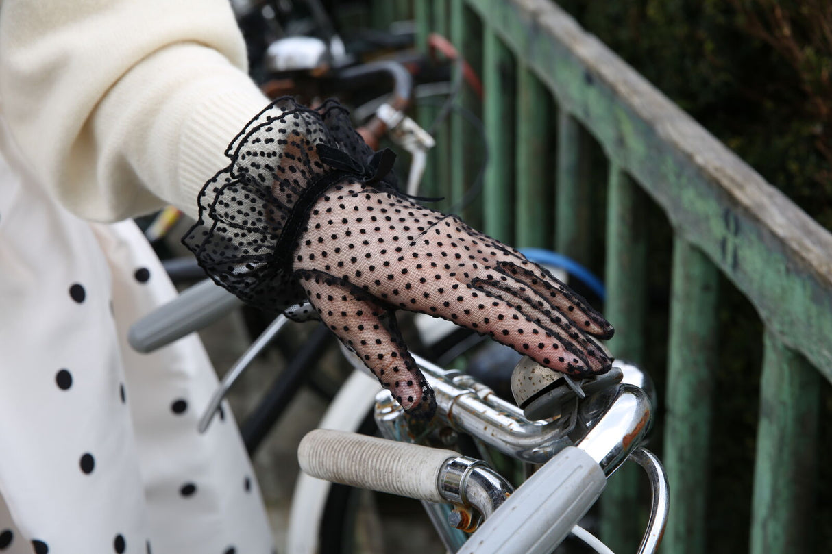 Dents Women’s Spotty Tulle Gloves with Double Cuff and Bow in Black