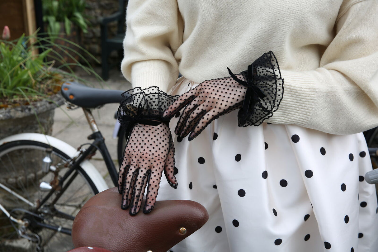 Dents Women’s Spotty Tulle Gloves with Double Cuff and Bow in Black