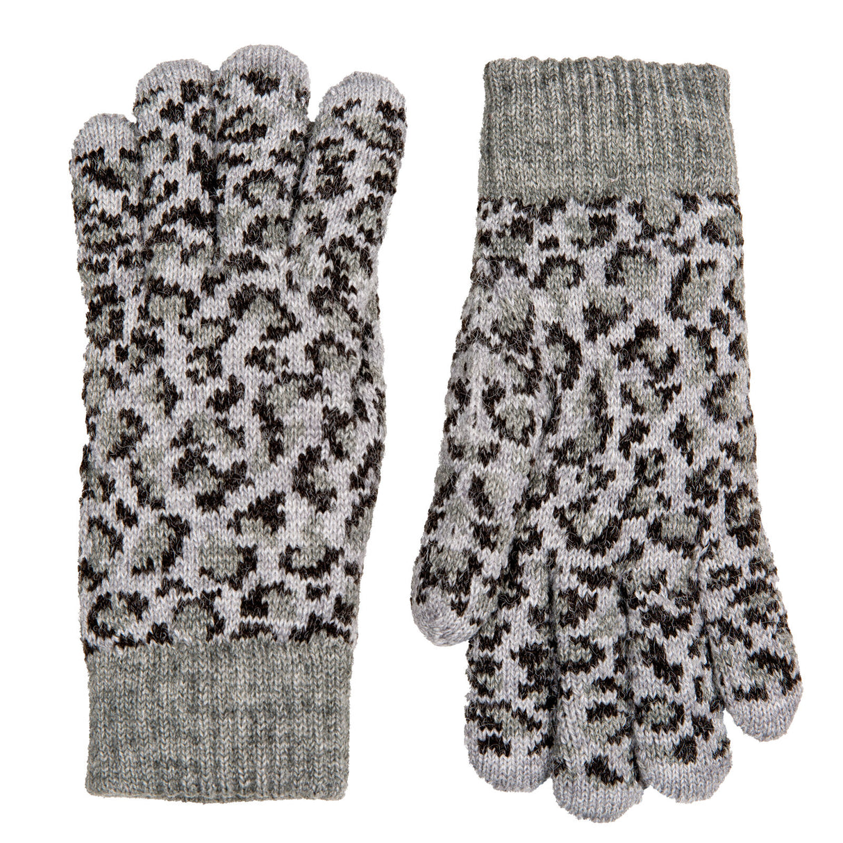 Dents Women’s Jacquard Knitted Gloves with Leopard Print Pattern - Grey