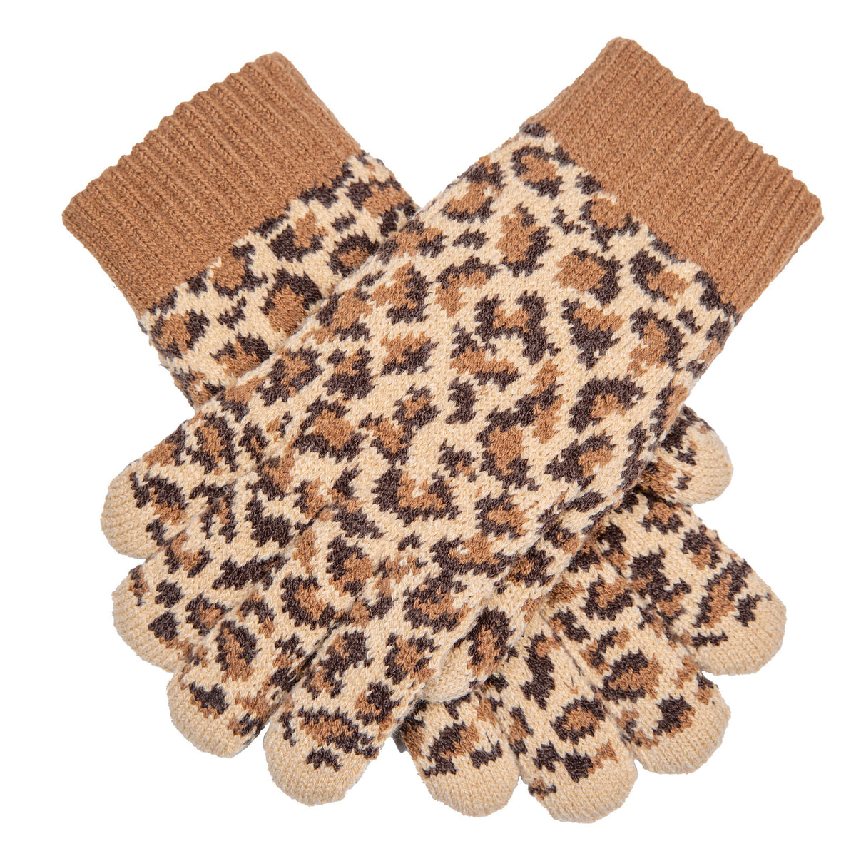 Dents Women’s Jacquard Knitted Gloves with Leopard Print Pattern - Tan
