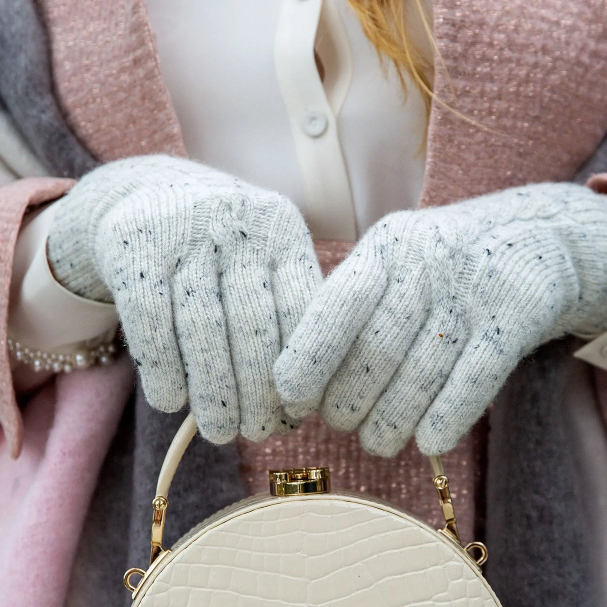 Dents Womens Cable Knit Gloves with Marl Yarn - White