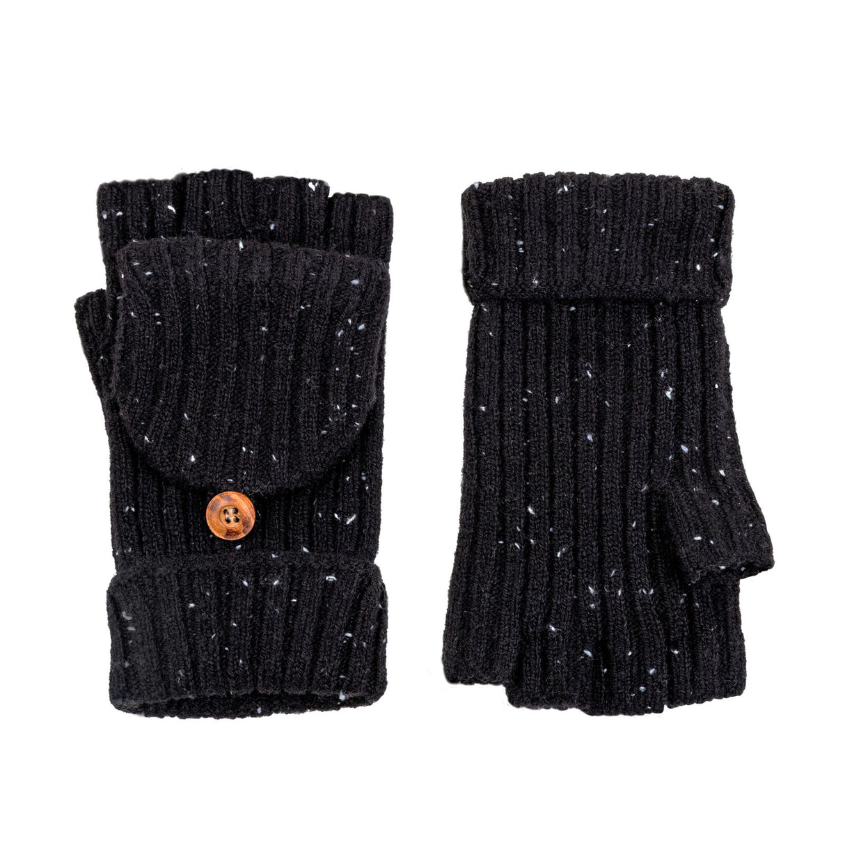 Dents Womens Ribbed Knit Wool Blend Fingerless Gloves w/ Mitten Flap - Black (Marl Yarn)