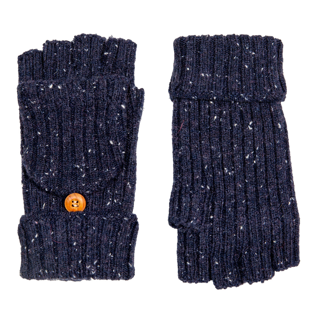 Dents Womens Ribbed Knit Wool Blend Fingerless Gloves w/ Mitten Flap - Navy Blue (Marl Yarn)