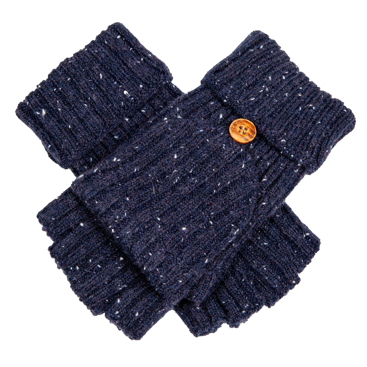 Dents Womens Ribbed Knit Wool Blend Fingerless Gloves w/ Mitten Flap - Navy Blue (Marl Yarn)