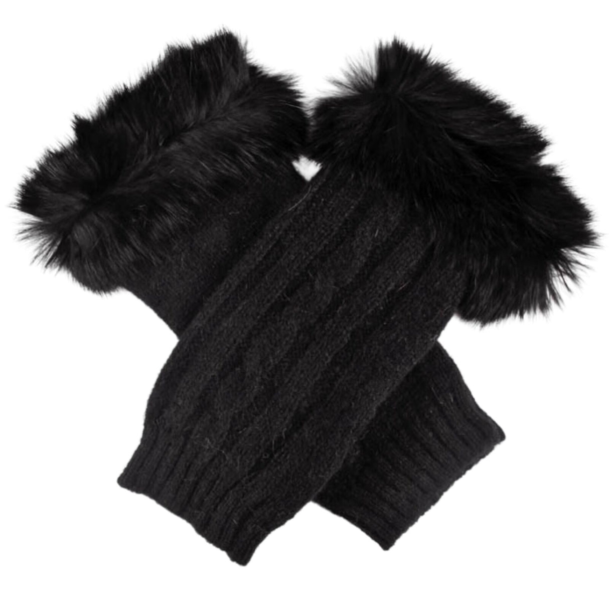 Dents Womens Wrist Warmers - Black (Angora Lambswool Cable Knit w/ Fur Cuff)