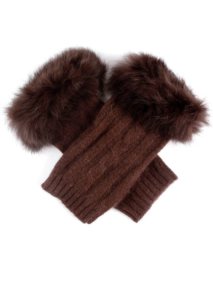 Dents Womens Lambswool Angora Cable Knit Wrist Arm Warmers With Fur Cuff