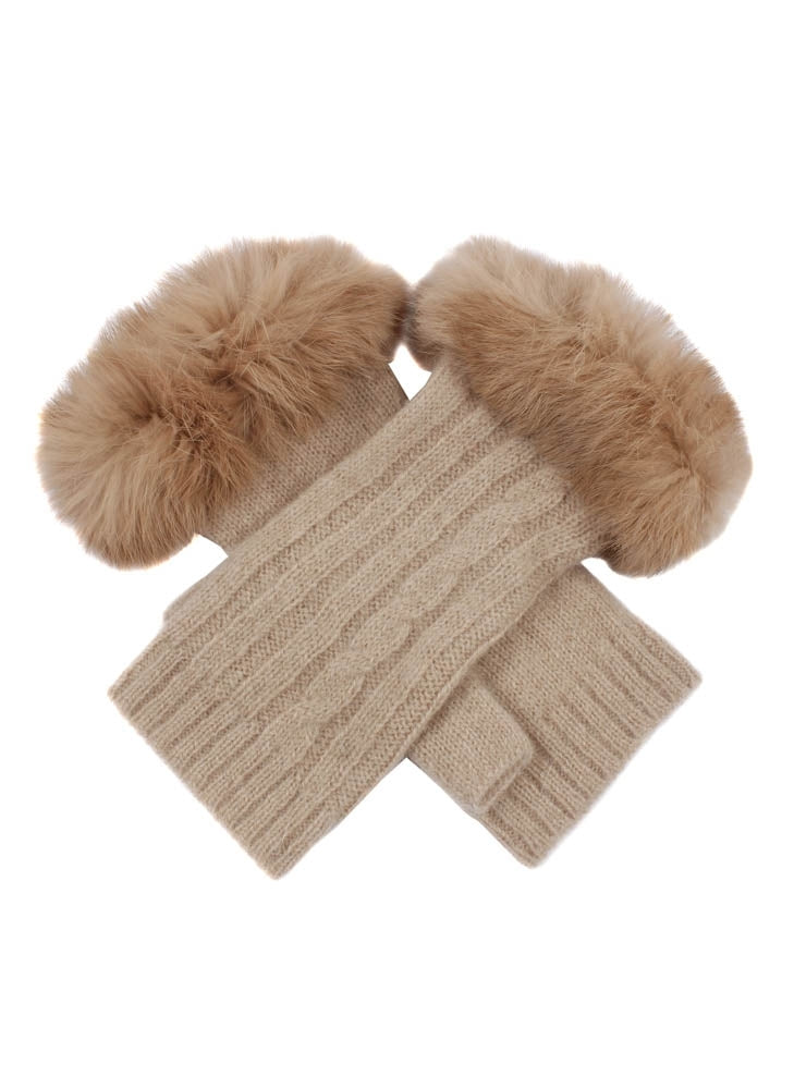 Dents Womens Lambswool Angora Cable Knit Wrist Arm Warmers With Fur Cuff