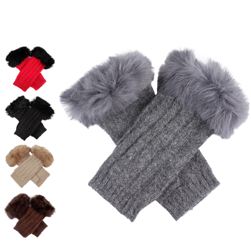 Dents Womens Lambswool Angora Cable Knit Wrist Arm Warmers With Fur Cuff - Oatmeal