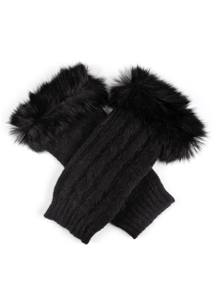 Dents Womens Lambswool Angora Cable Knit Wrist Arm Warmers With Fur Cuff - Berry/Black