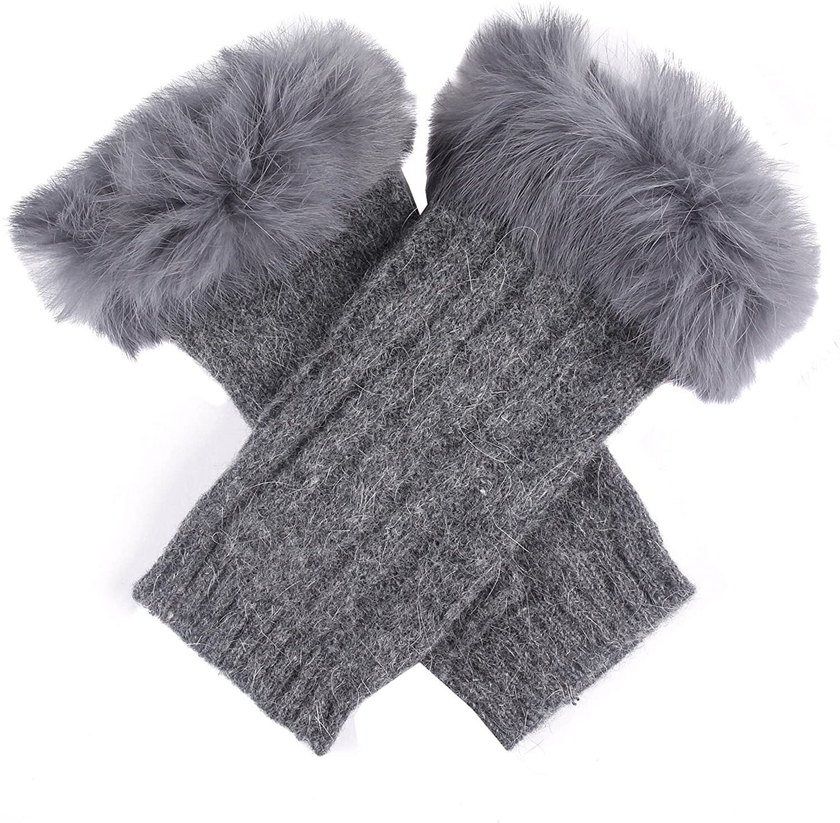 Dents Womens Lambswool Angora Cable Knit Wrist Arm Warmers With Fur Cuff - Black