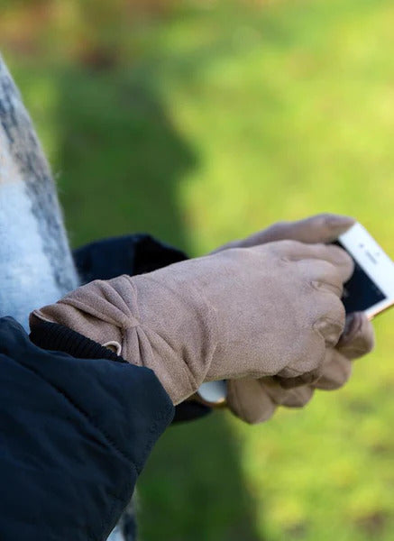 Dents Womens Touchscreen Velour-Lined Faux Suede Gloves with Bow - Camel