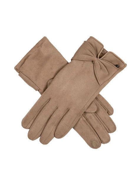 Dents Womens Touchscreen Velour-Lined Faux Suede Gloves with Bow - Camel