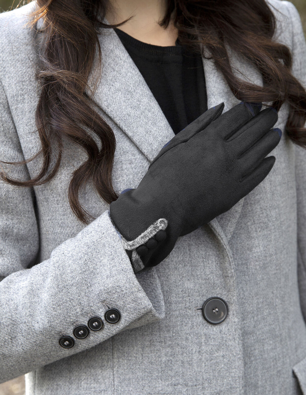 Dents Womens Soft Feel Touchscreen Gloves with Faux Fur and Button Trim - Black