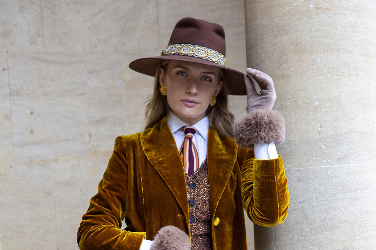 Dents Women's Touchscreen Velour-Lined Faux Suede Gloves with Faux Fur Cuffs - Brown