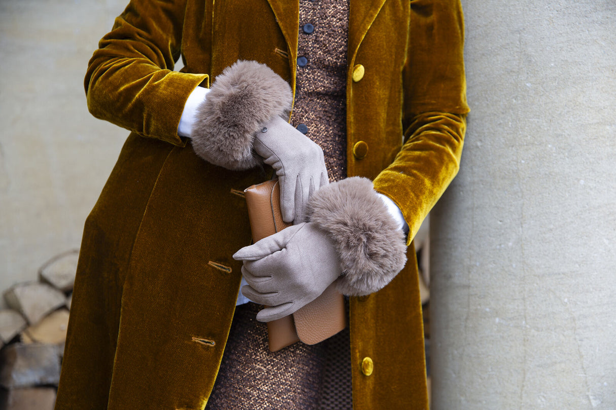 Dents Women's Touchscreen Velour-Lined Faux Suede Gloves with Faux Fur Cuffs - Brown