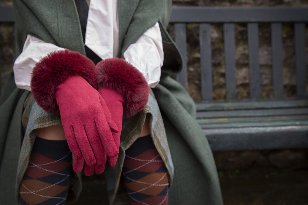 Dents Women's Touchscreen Velour-Lined Faux Suede Gloves with Faux Fur Cuffs - Red