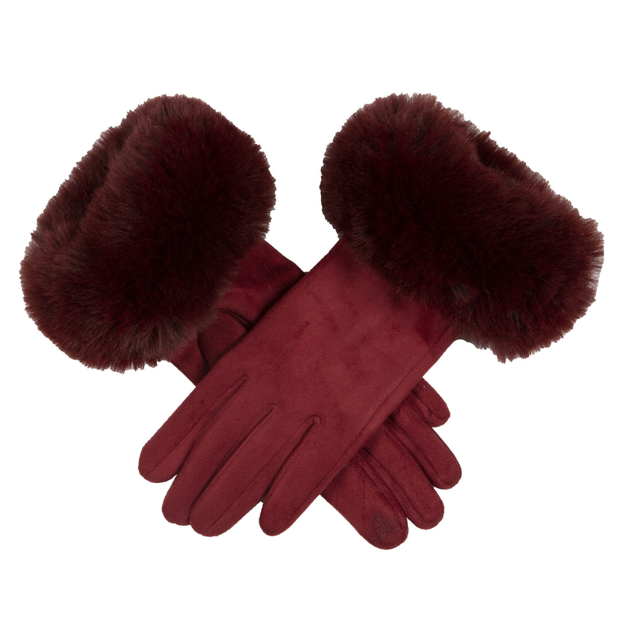 Dents Women's Touchscreen Velour-Lined Faux Suede Gloves with Faux Fur Cuffs - Red
