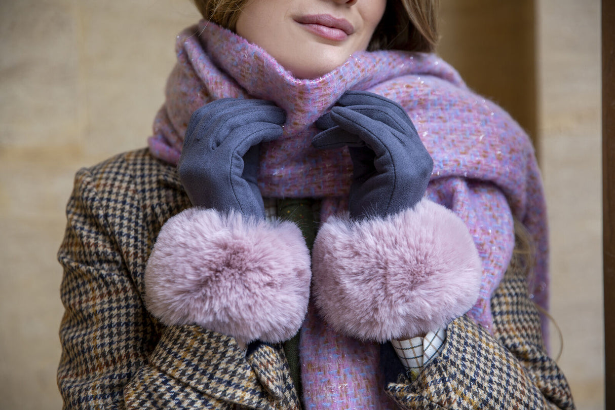 Dents Women's Touchscreen Velour-Lined Faux Suede Gloves with Faux Fur Cuffs - Black/Pink