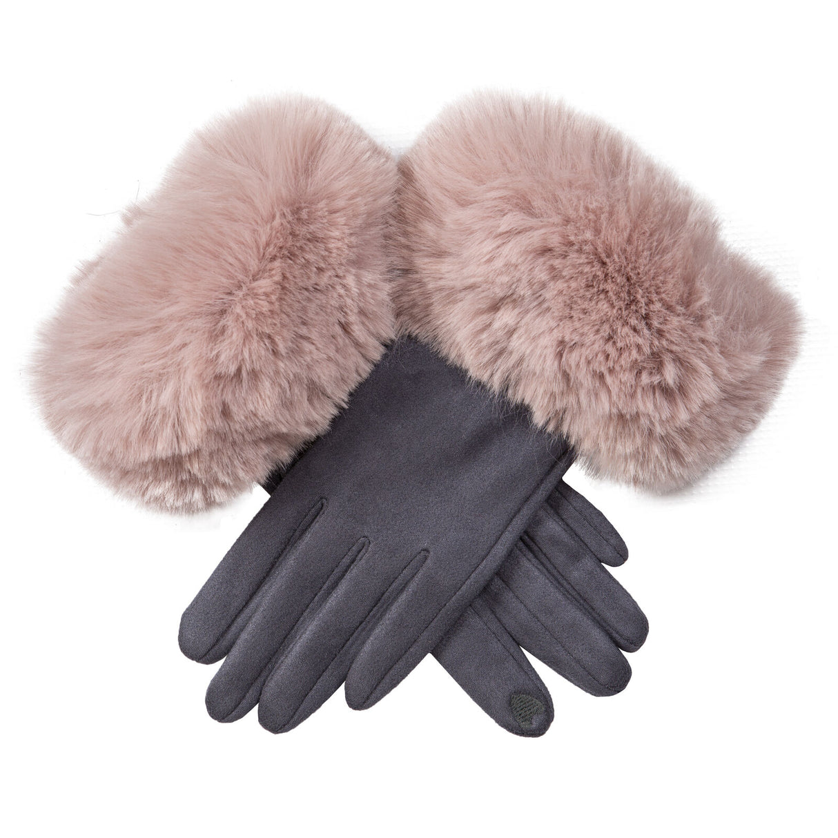 Dents Women's Touchscreen Velour-Lined Faux Suede Gloves with Faux Fur Cuffs - Black/Pink