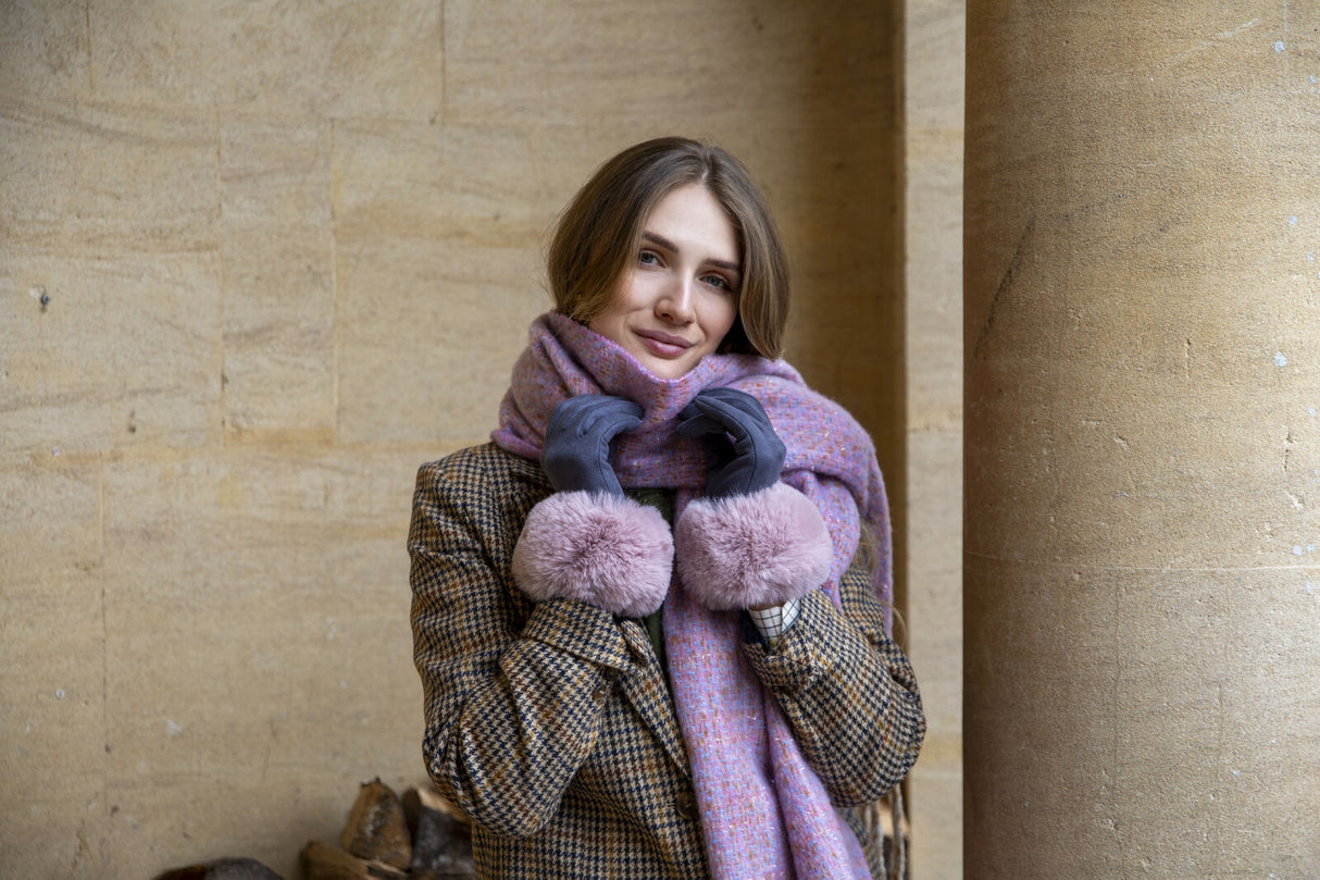 Dents Women's Touchscreen Velour-Lined Faux Suede Gloves with Faux Fur Cuffs - Black/Pink