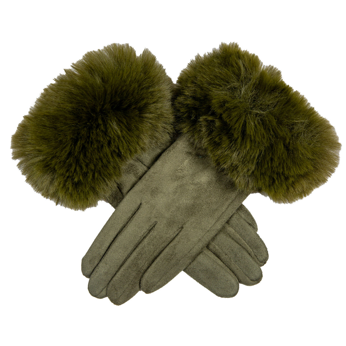 Dents Women's Touchscreen Velour-Lined Faux Suede Gloves with Faux Fur Cuffs - Olive Green