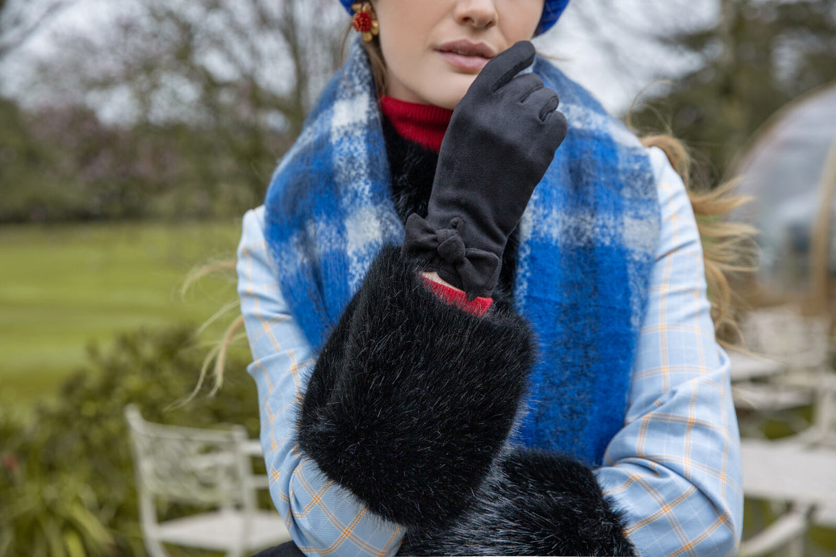 Dents Women’s Velour-Lined Faux Suede Gloves with Trim and Bow - Black