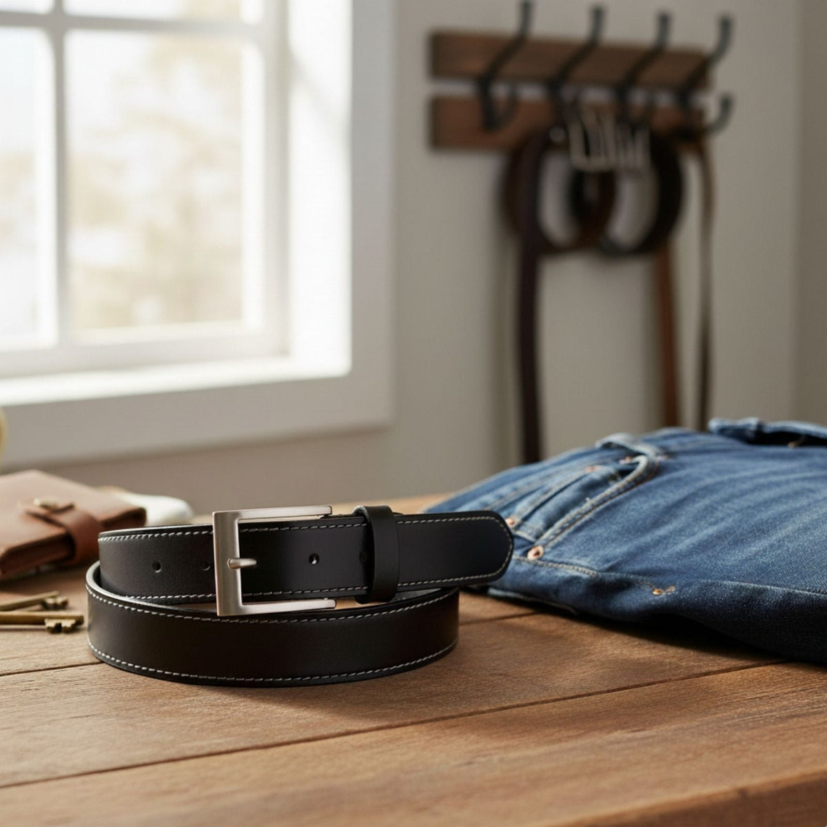 Jacaru 6014 Mens Stitched Leather Belt 35mm - Black (White Contrast Stitching & Gift Tin)