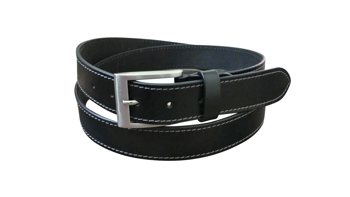 Jacaru 6014 Mens Stitched Leather Belt 35mm - Black (White Contrast Stitching & Gift Tin)