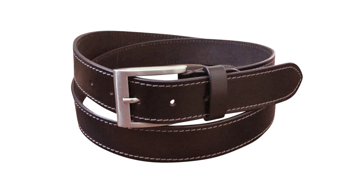 Jacaru 6015 Mens Stitched Leather Belt 35mm - Brown (White Contrast Stitching & Gift Tin)