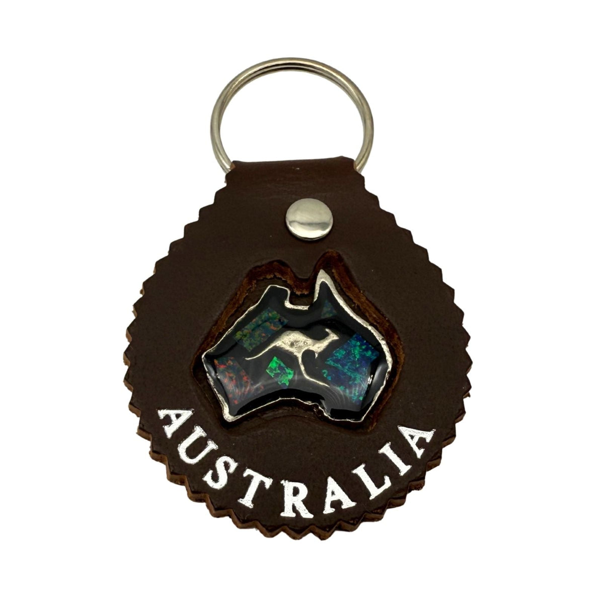 Jacaru 6403 Round Leather Keyring with Opal Australia Map - 5.5cm (Made in Australia)