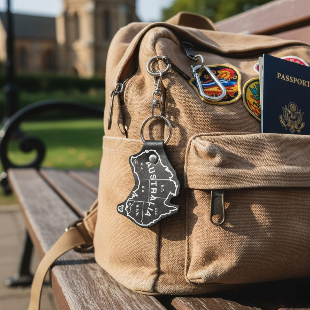 Jacaru 6406 Australia Map Leather Keyring - Gold Printed States (Made in Australia)