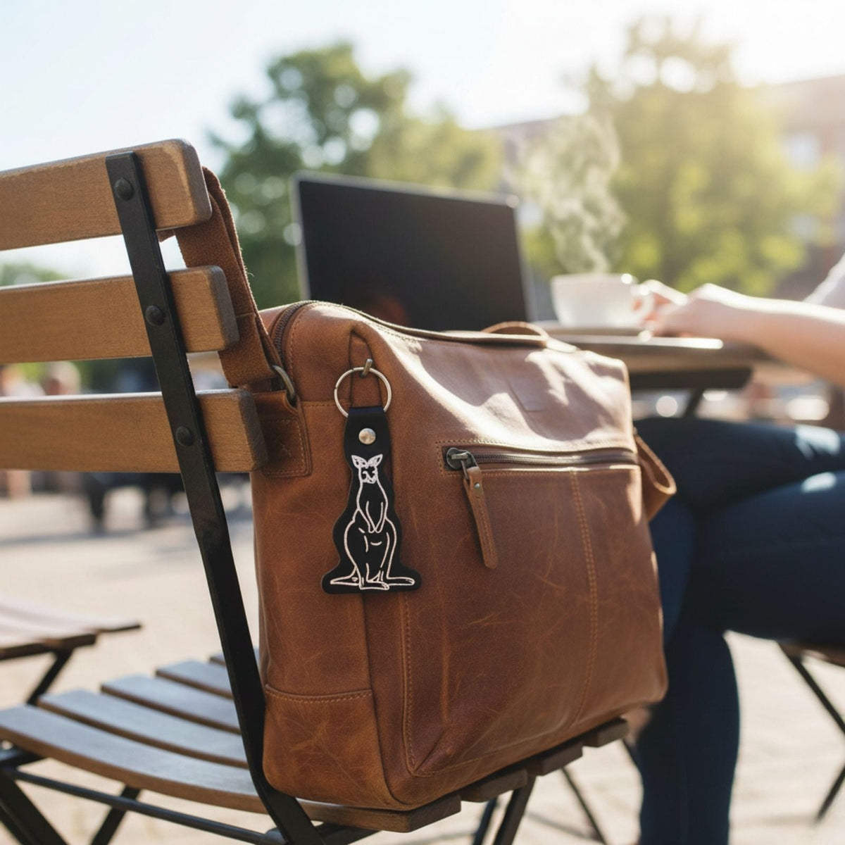 Jacaru 6408 Kangaroo Shape Printed Leather Keyring - Brown (Made in Australia)