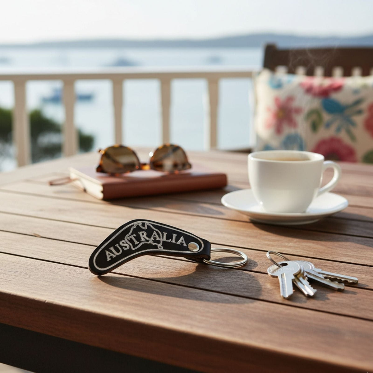 Jacaru 6418 Boomerang Leather Keyring - Brown (Made in Australia)
