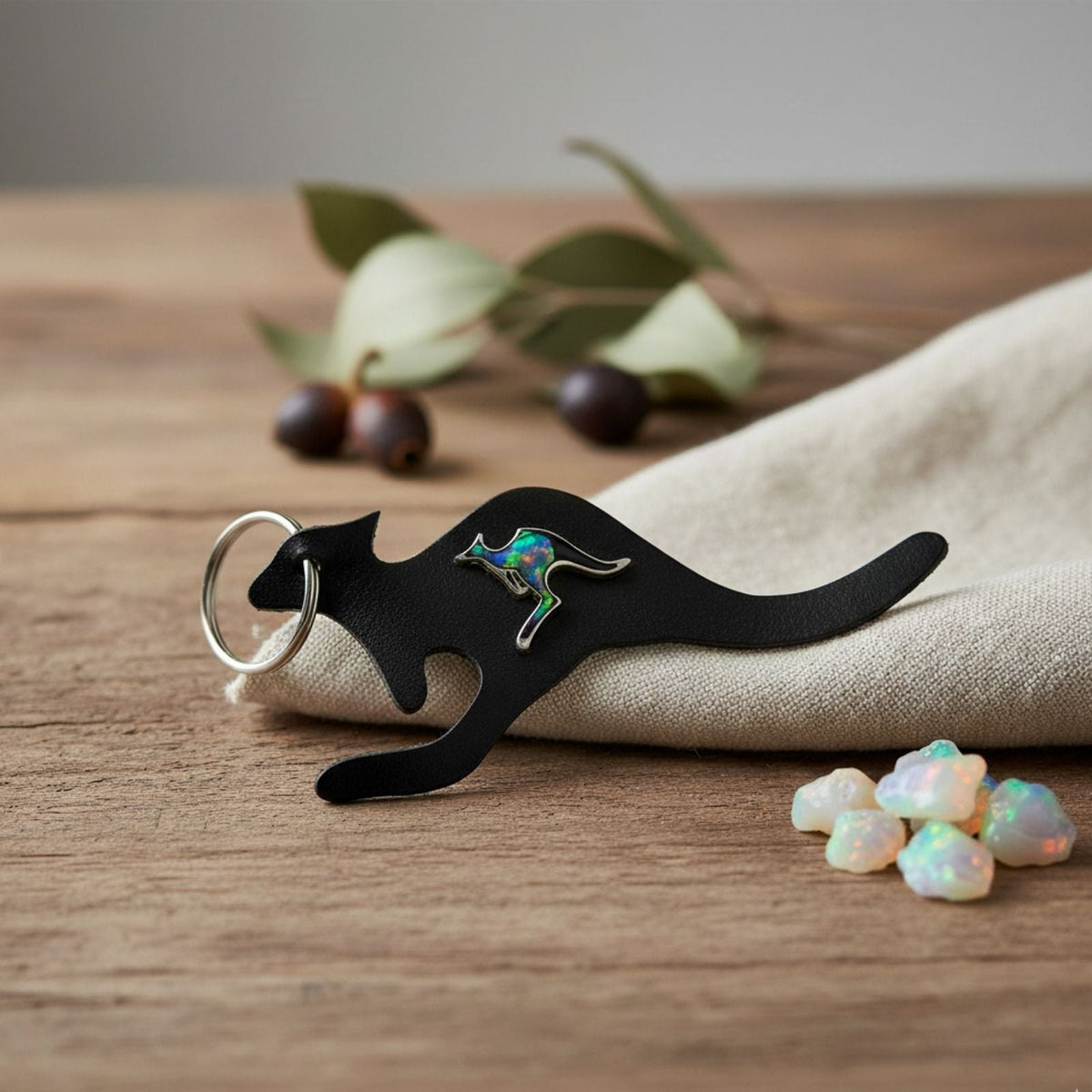 Jacaru 6419 Kangaroo Leather Keyring with Opal - Silver Plated Kangaroo (Made in Australia)