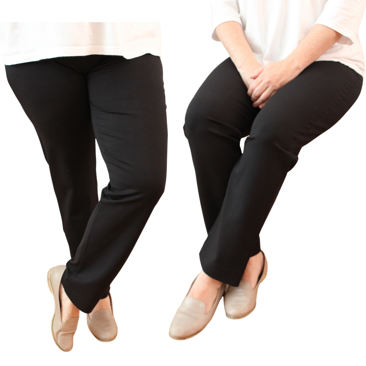 Women's Ponte Pants Straight Leg Stretch Elastic Waist Knit Warm Winter Ladies - Black