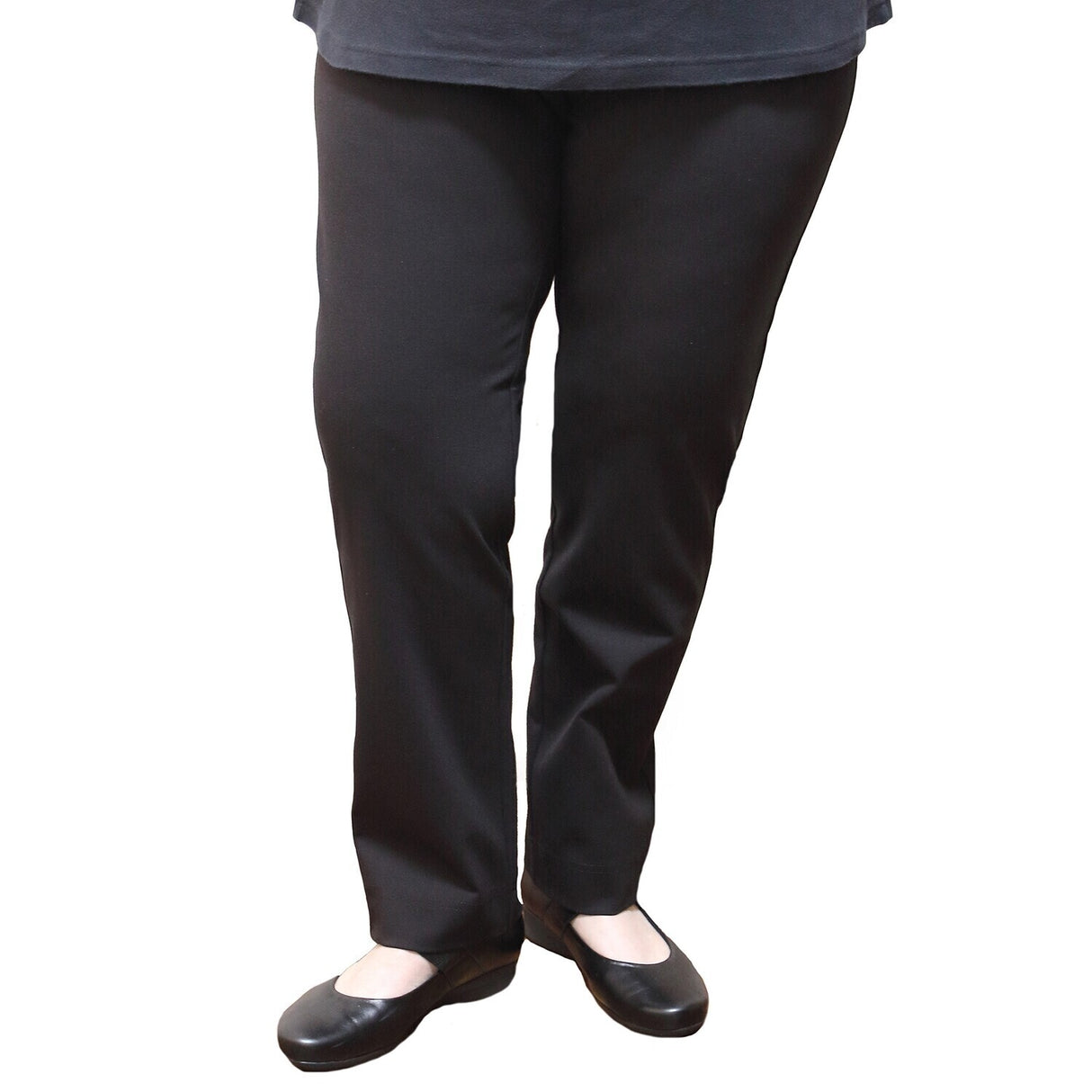 idyl Womens Straight Leg Bengaline Pants - Black (Pull On & Elastic Waist Stretch)