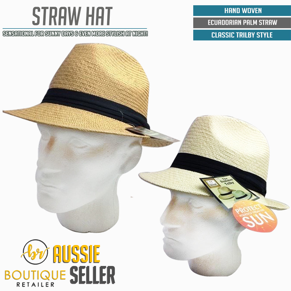 MELBOURNE HATS Trilby Ecuadorian Palm Straw Hat Handwoven Summer Panama Fedora - Putty
