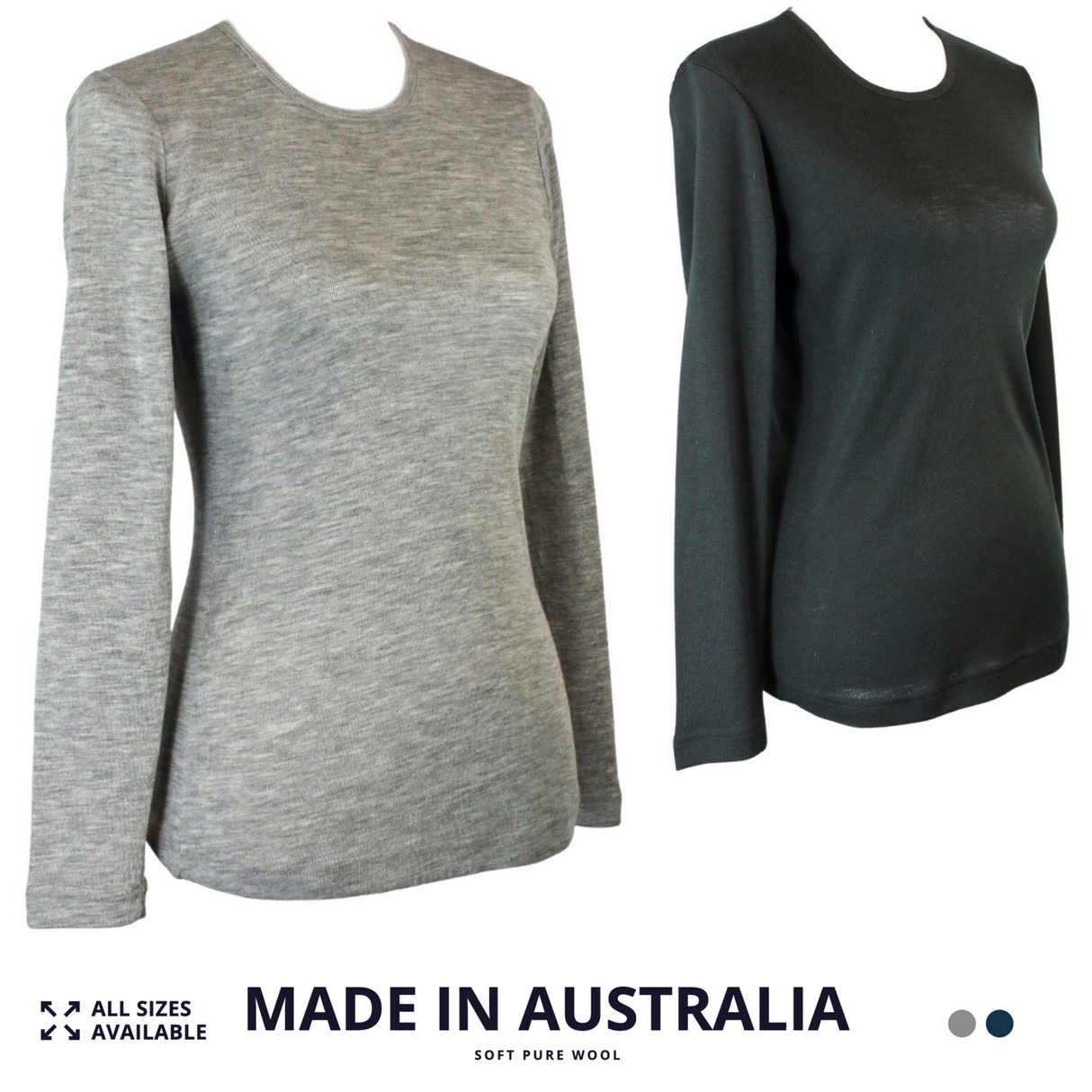 Ladies Soft Pure Wool Knit Long Sleeve Top Womens T Shirt Winter Base Layer - Made in Australia - Black