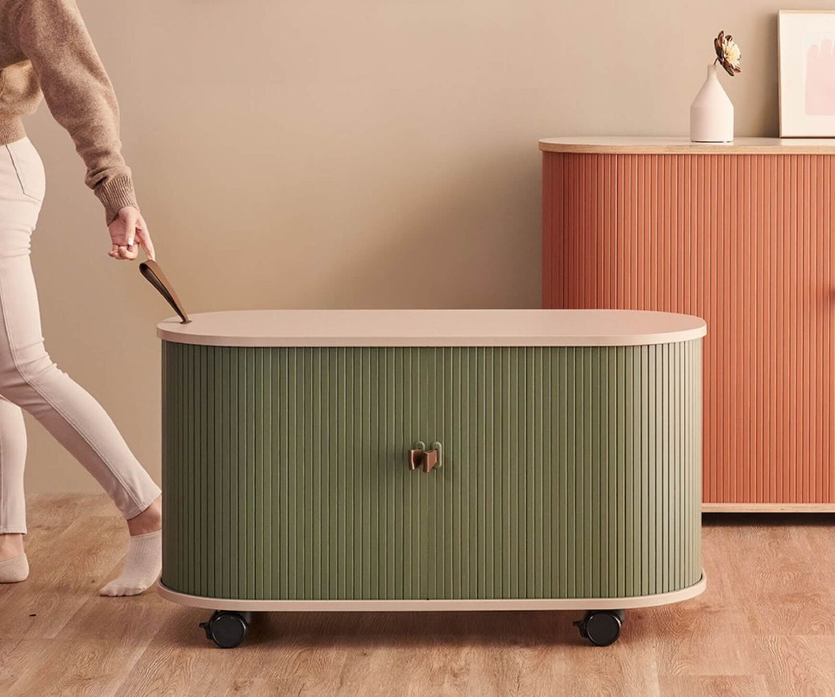 UFOU Mobile Roller Shutter Cabinet - Storage with Adjustable Shelves & Wheels - Red